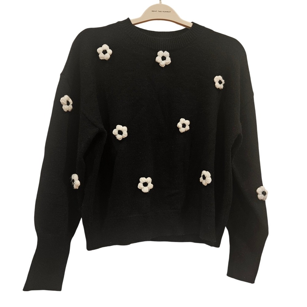 Nanette Lepore Black 3D White Floral Applique Crewneck Sweater Crochet Medium